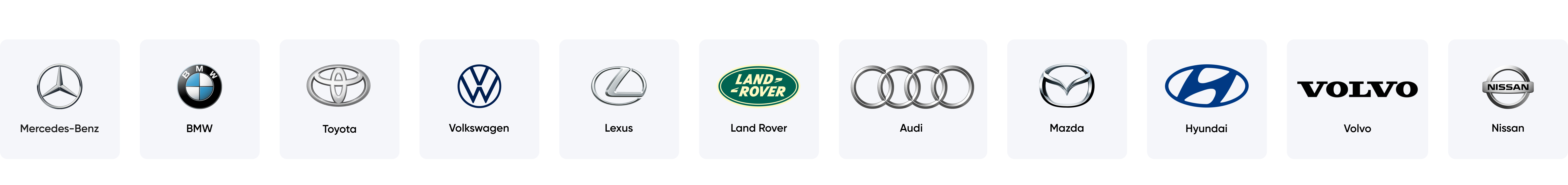 Mercedes-Benz, BMW, Toyota, Volkswagen, Lexus, Land Rover, Audi, Mazda, Hyundai, Volvo, Opel